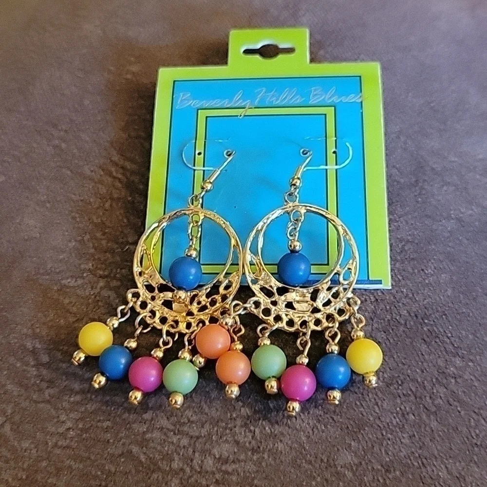 VTG 1980s BEVERLY HILLS BLUES Pastel Rainbow Chandalier Gasparilla Earrings